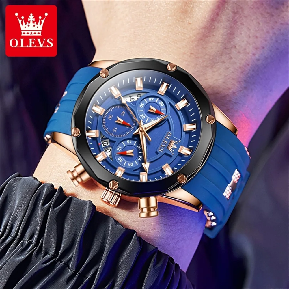 OLEVS Relógio Masculino Elegante Pulseira De Silicone Preto Mostrador De Luxo Luminoso à Prova D'água Multifunções Calendário Lua Fase Analógico