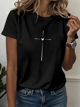T-shirt sportiva casual da donna, girocollo, semplice, artistica, con design a croce e cuore, estetica artistica
