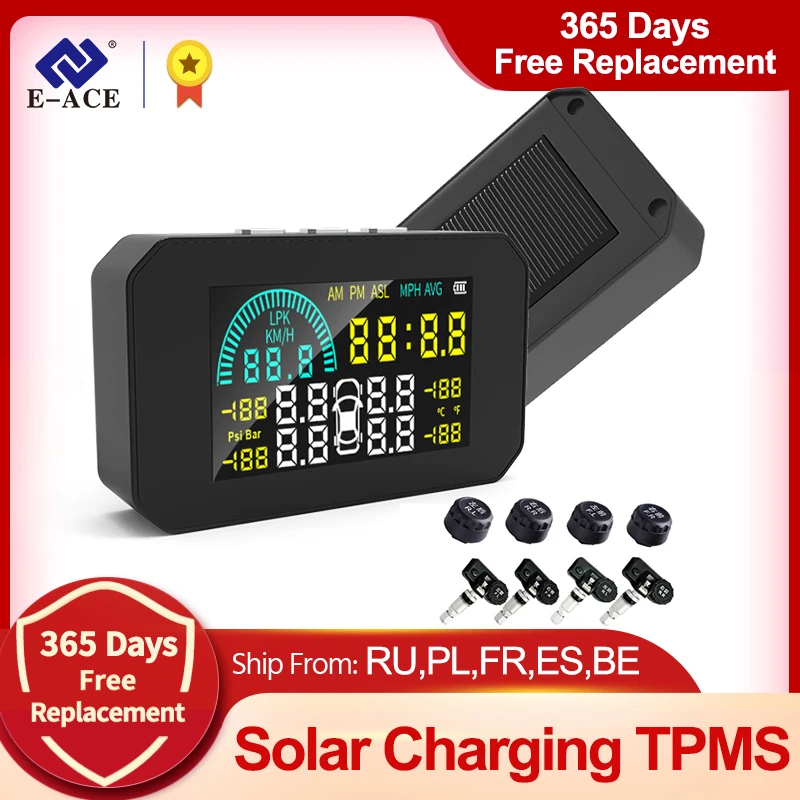 

E-ACE K15 TPMS Solar Car Tire Pressure Sensor Auto Security Alarm System Digital Display Tire pressure monitoring system