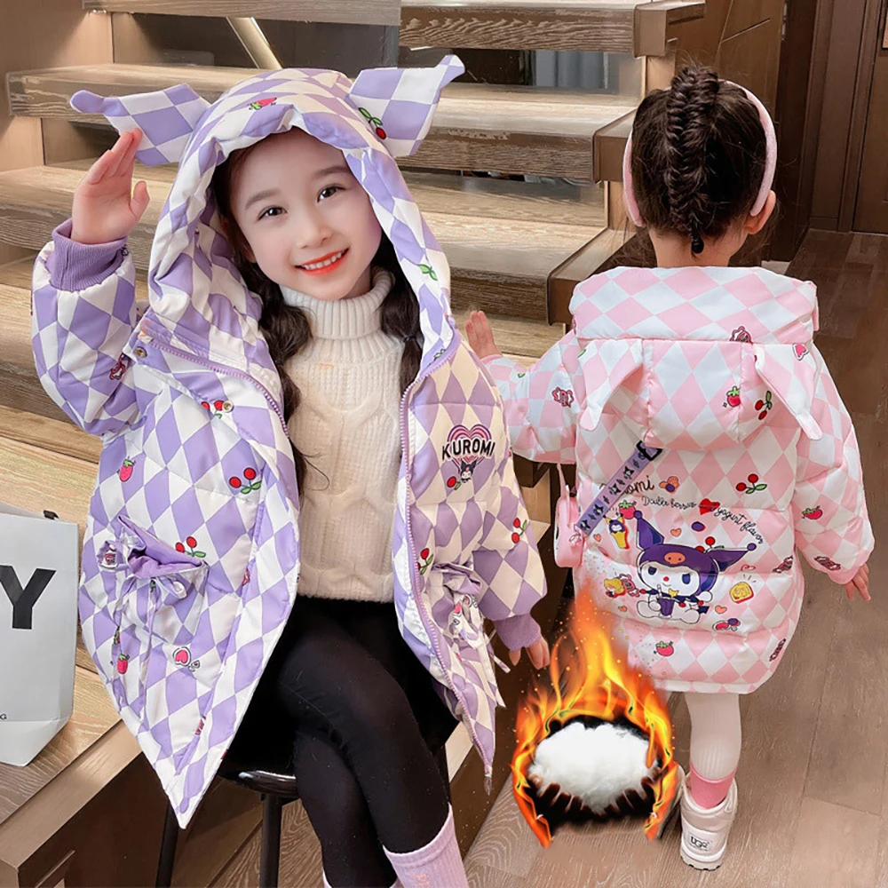 

Sanrios Kuromi Anime Kids Rhombus Plaid Cotton Coat Cute Thickened Winter Parka Girl Padded Jacket Thick Toddler Clothes Kawaii