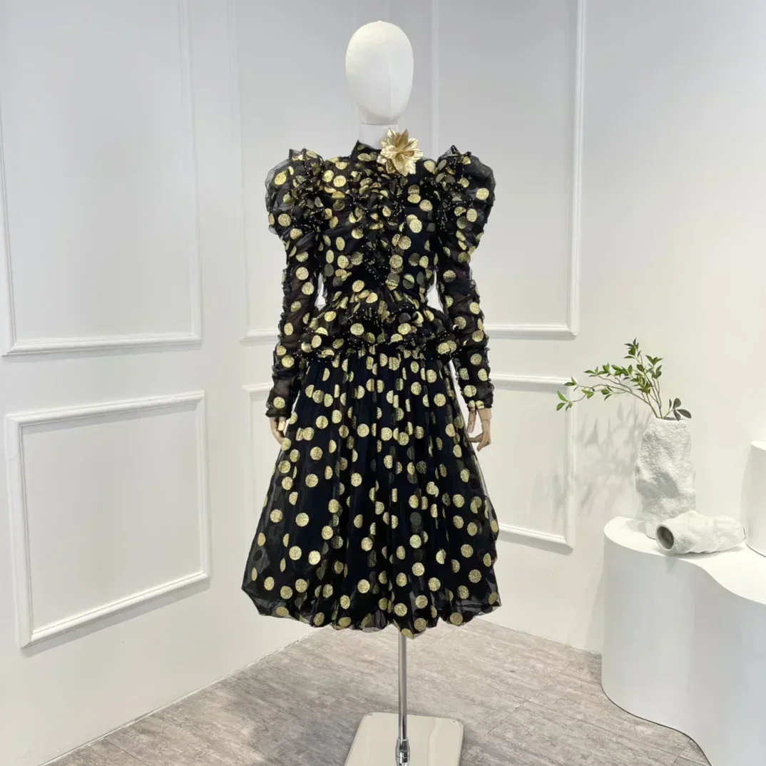 

2023 New Autumn Top Quality Champagne Golden Polka Dot Petal Puff Sleeve Folds Blouse Midi Skirt Matching Set Women