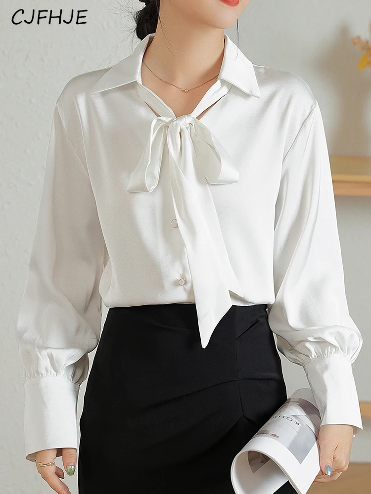 

CJFHJE Bow Tie Neck Blouses Women Casual Tops Long Sleeve Button Shirts Bussiness Single-Breasted White Shirts Office Lady Wear