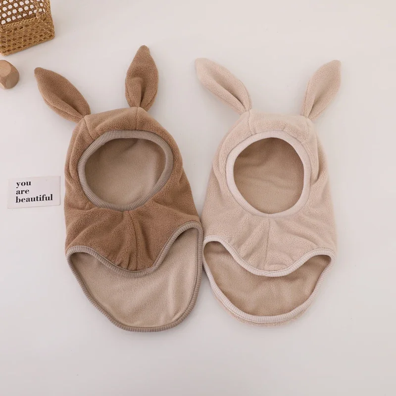 Winter Warm Rabbit Ear Children One-Piece Hat Boys Girls Ear Protection Cap Outdoor Windproof Hood Beanies Plush Balaclava Hat