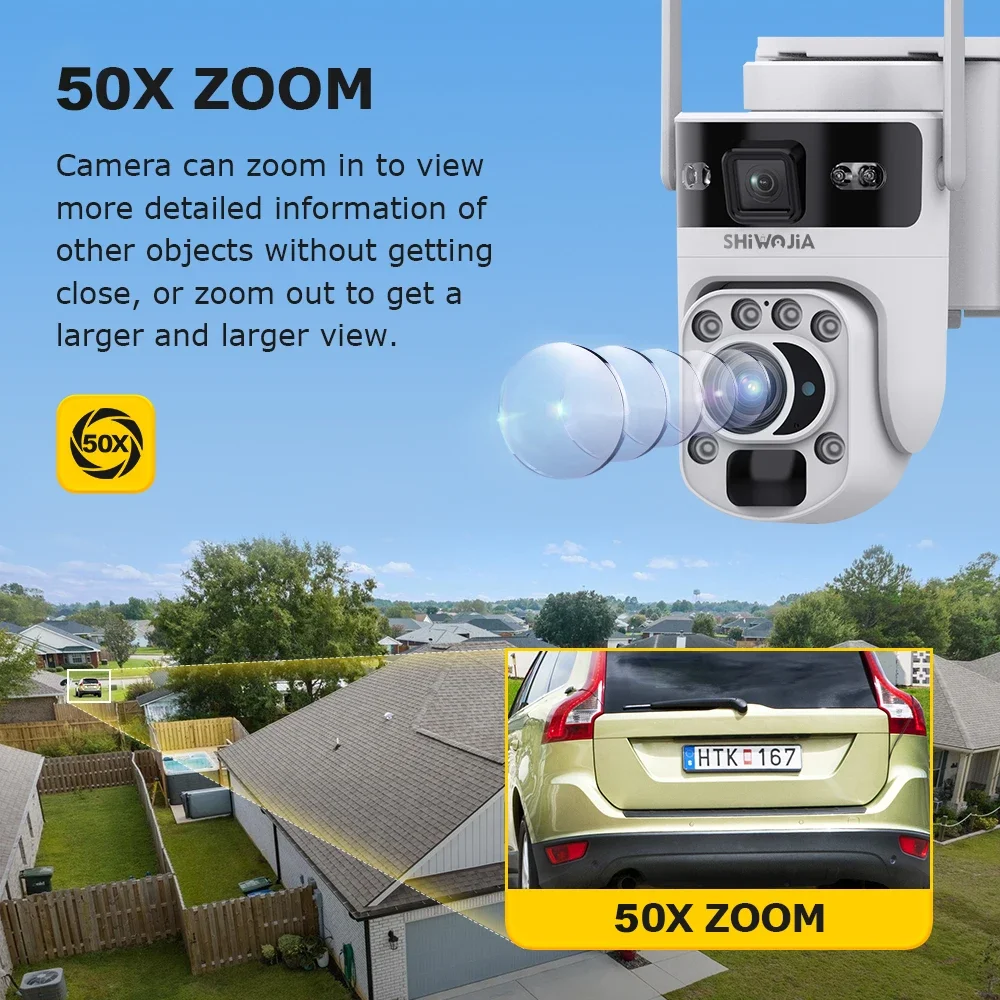 SHIWOJIA 4G Solar Camera 6K 12MP 50X Optical ZOOM Dual Screen Outdoor Security WiFi IP Camera Night Vision PIR Detection AutoTra 2