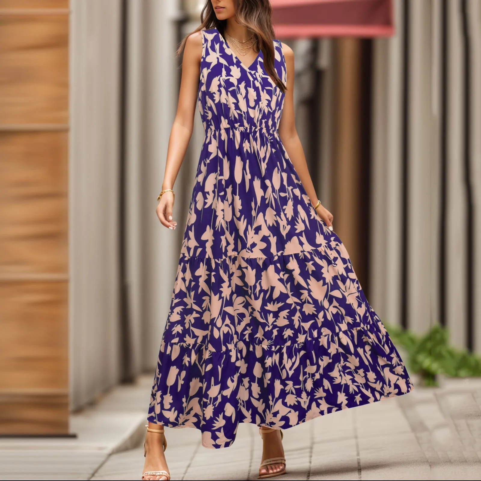 

A-Line Long Floral Dress Women Summer Sleeveless V-Neck High Waist Boho Dress Chic Ladies Ruffle Flowy Swing Maxi Beach Dress