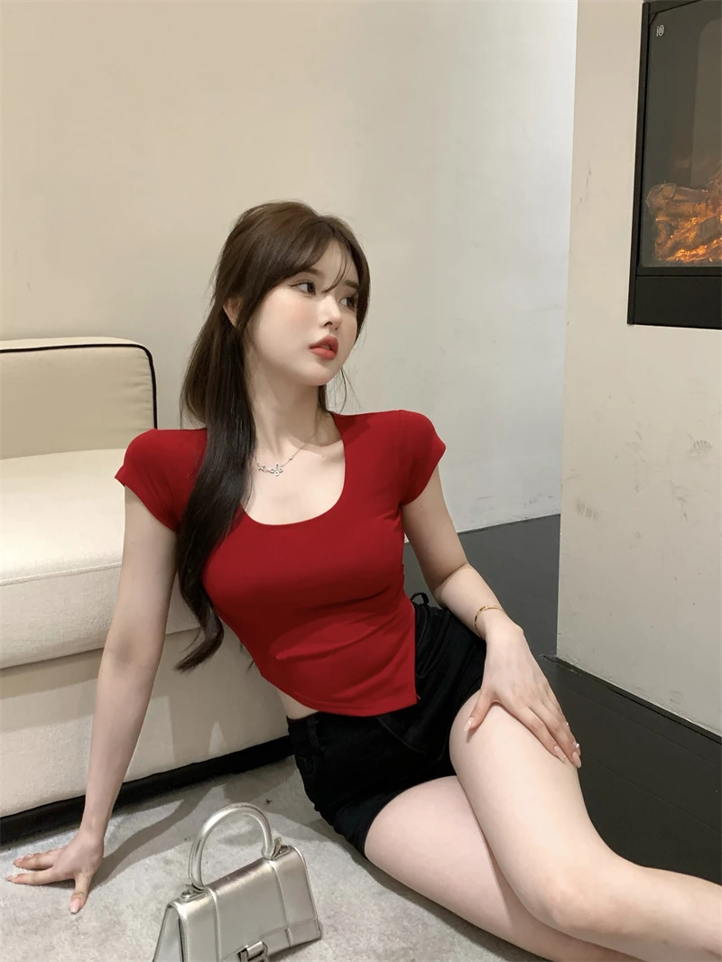 Summer Korean Fashion Y2K T-shirt Woman Japane Crop Top U-neck Split Sexy Red Pink White Tee Shirt Women Vintage767_voghion.com