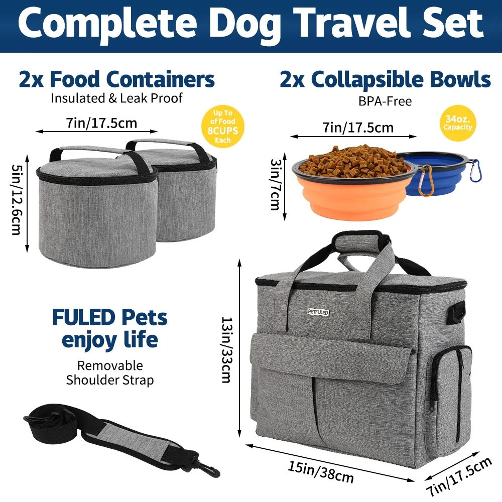 Large 5 PCS Dog Travel Bag for Supplies, Weekend Pet Travel Set , Airline Approved Tote Organizer with Multi-Function Pockets
