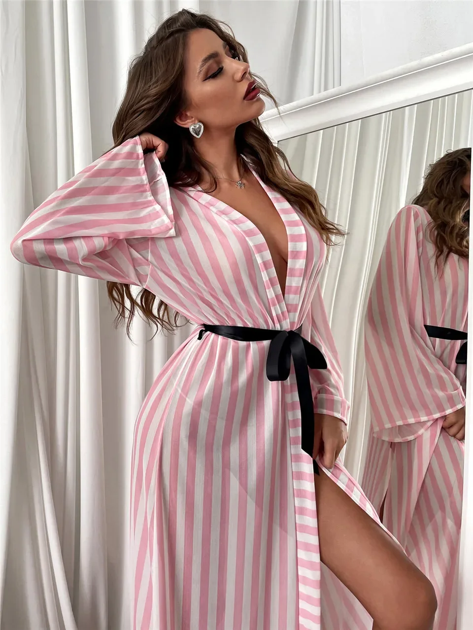 Women's Kimono Long Gown Striped Bathrobe Sexy Mesh Sleepwear Vintage Summer Thin Beachwear