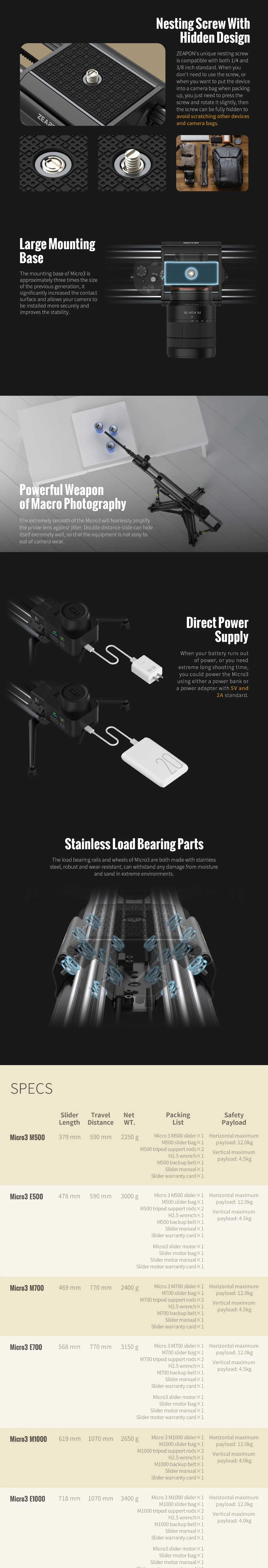 Description Picture 6 of itemZeapon Micro 3 E500 E700 E1000 M500 700 1000 Motorized Slider DSLR Camera Video Double Distance Portable Rail System PS-E1 PD-E1