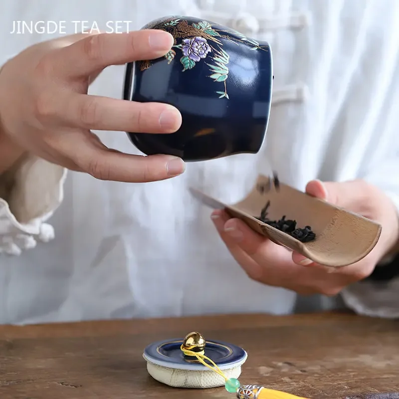 Enamel Color Ceramic Tea Jar Chinese Tea Container Portable Coffee Moisture-proof Tank Kitchen Storage Can Teaware Accessories