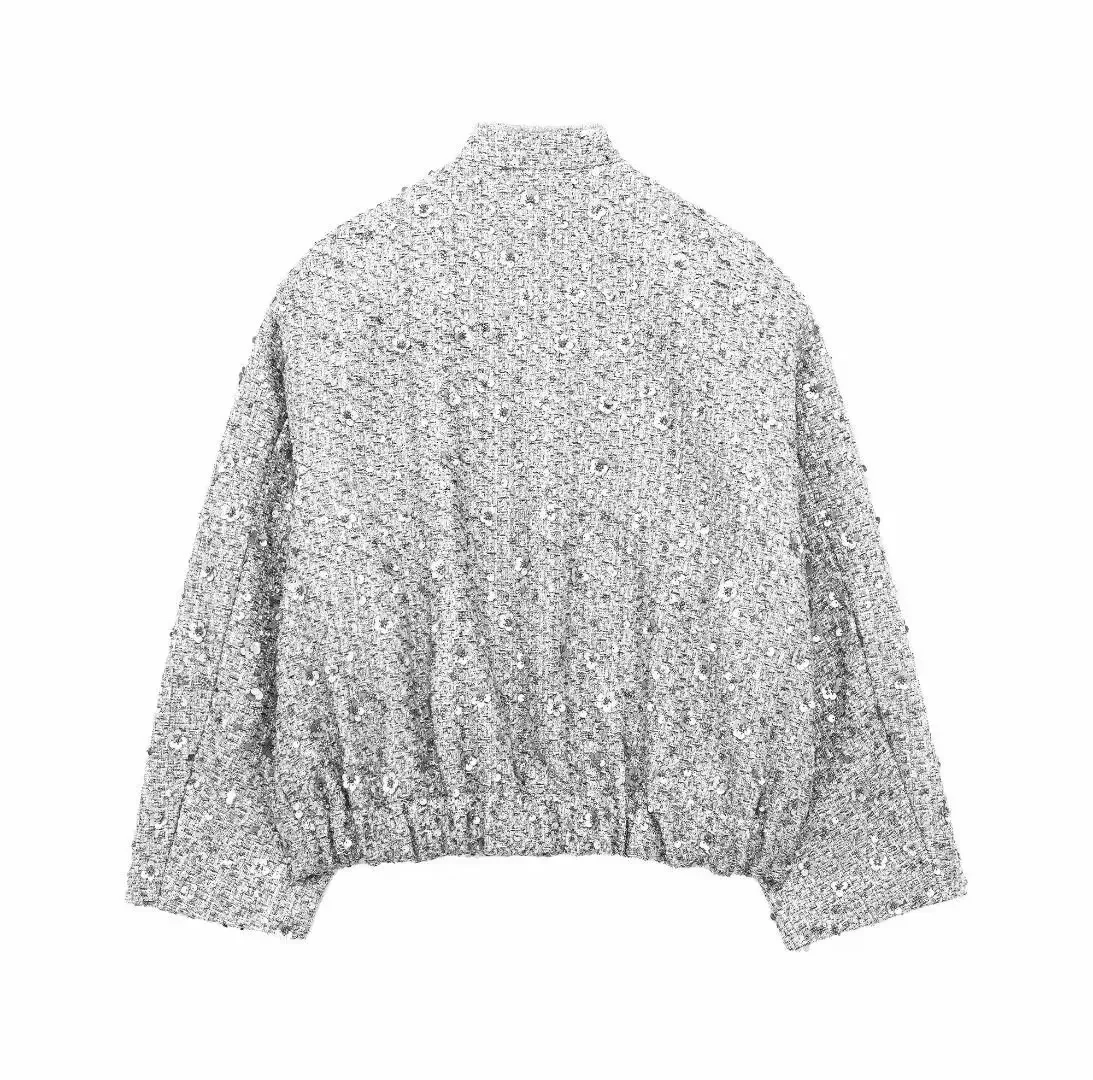 S7078bef978214a228d0d88a33f481c1dP Women's Sequined Bomber Jacket Fall New Round Neck Long Sleeve Pocket Stretch Hem Sequins Jacket Coat Female Chic Outerwear Mallzona