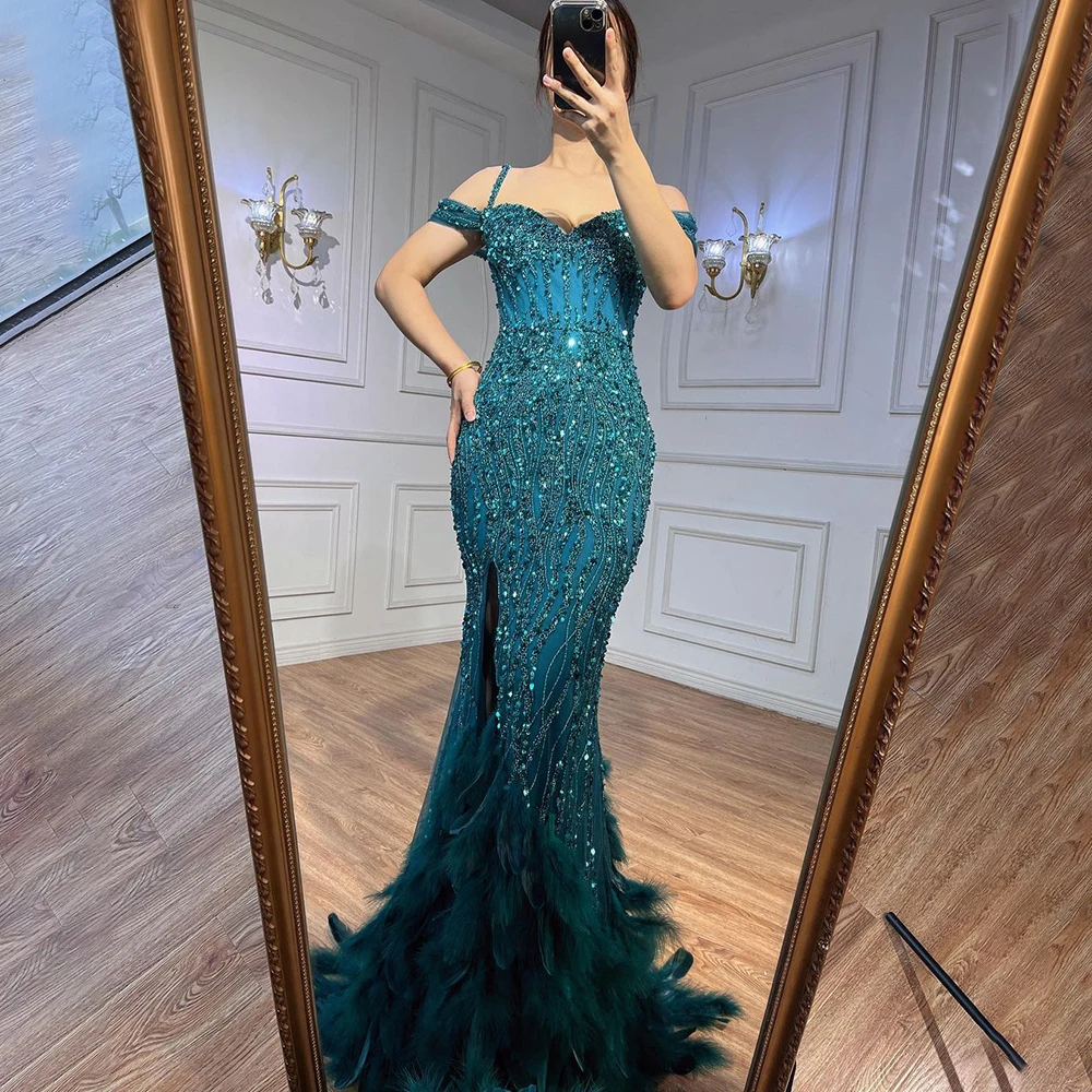 Green Mermaid Sexy High Split Off Shoulder Evening Dresses Feather Beaded Gowns Long 2023 For Women Party LA71650A Serene Hill