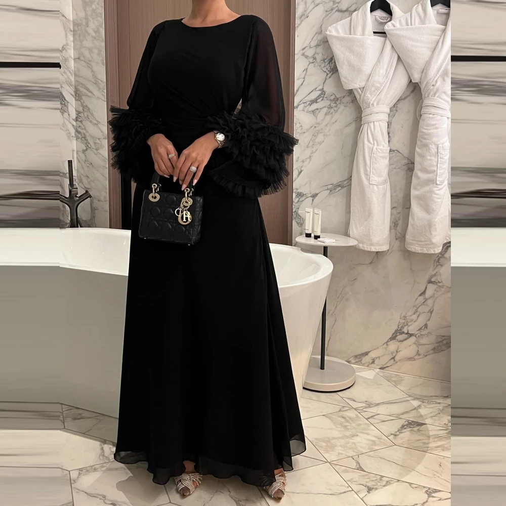 

Qcenkern Round Neck Evening Gowns For Women Party Long Sleeves Ruffles Chiffon Arabic Formal Prom Dress 2023 Robe de soire