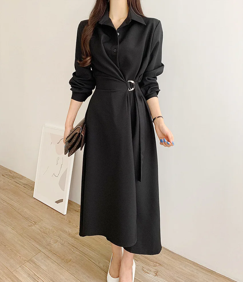 Корейская версия 2023 Новинка шикарное оформление роскошный элегантный модный дизайн с лацканами однотонное свободное платье с длинными рукавами освежающее