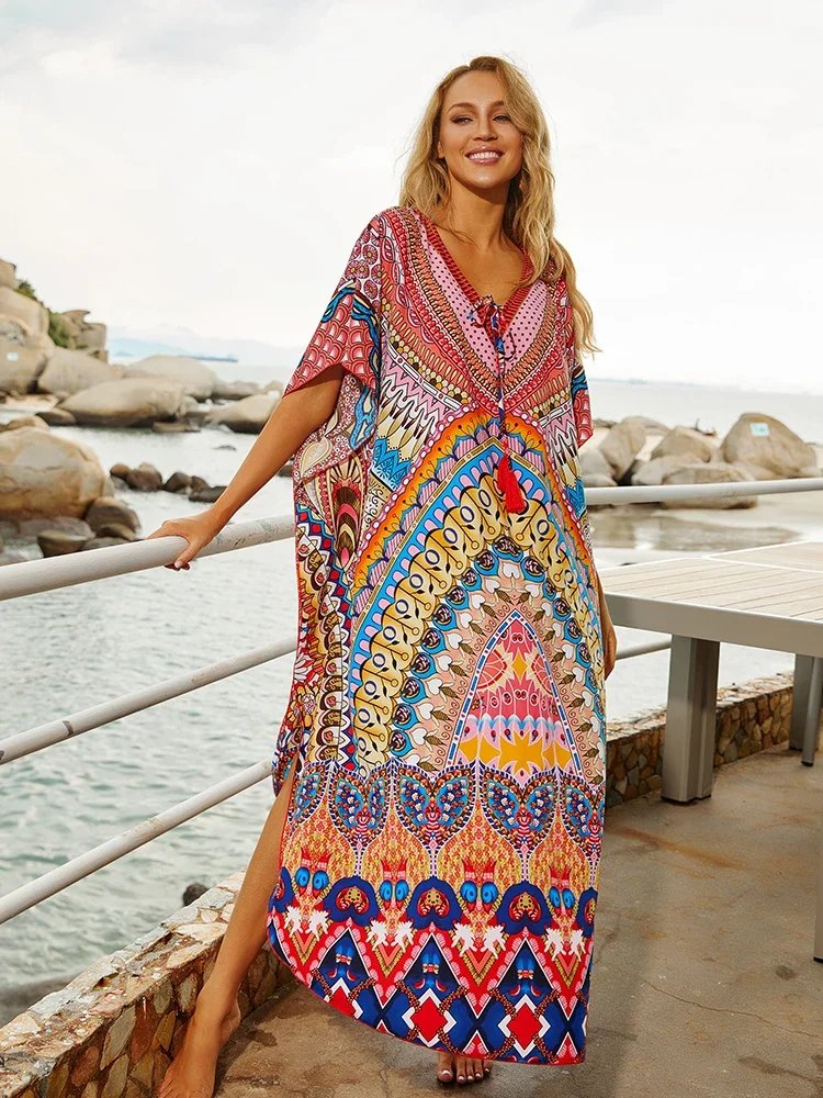 Bohemian Printed Women Plus Size vacation kaftan Summer Beach Maxi Dress Beachwear SwimSuit Cover Up swimsuit cover beach cover