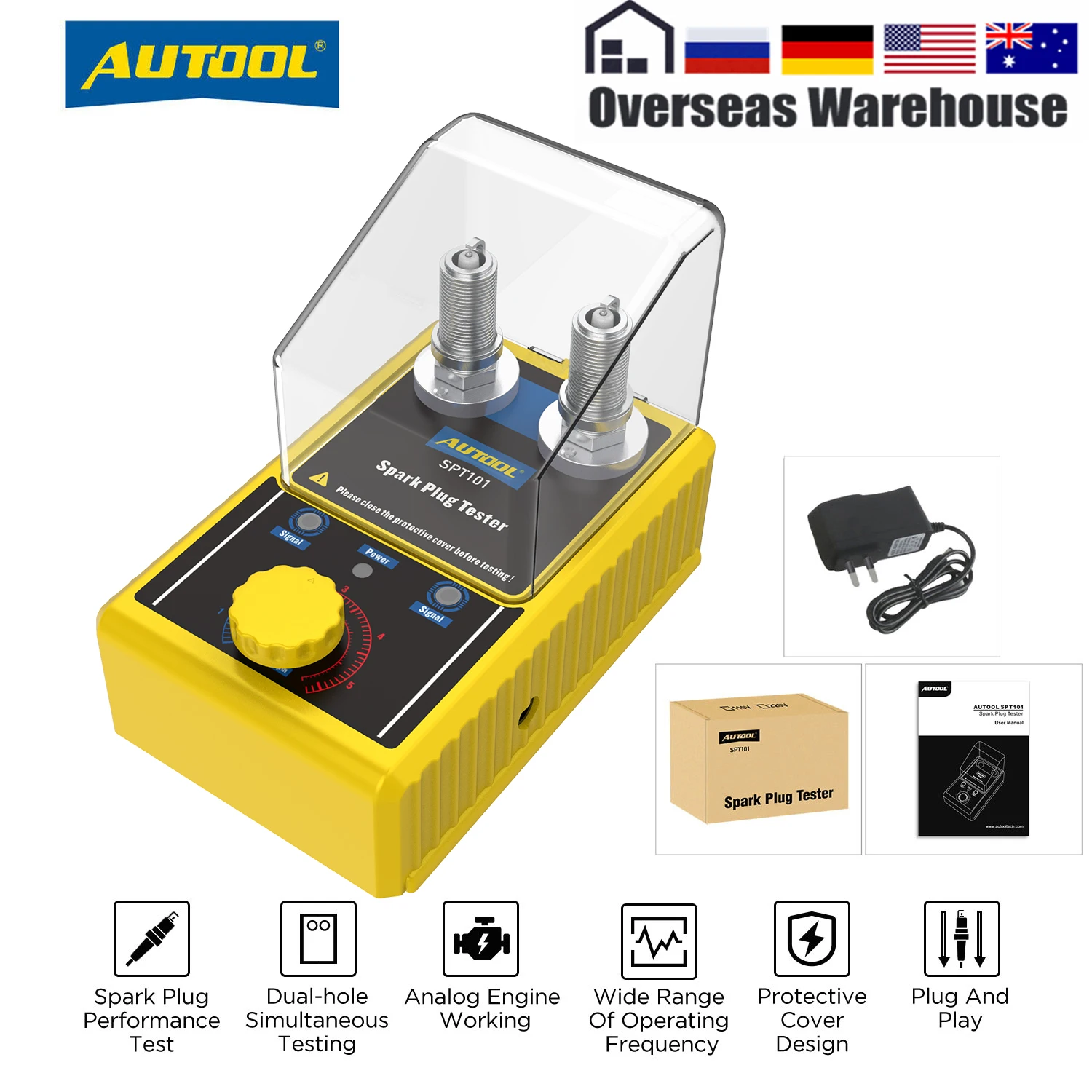 Spark Plug AUTOOL SPT101 Car Spark Plug Tester Auto Adjustable Double Hole Detector Ignition Candle Tester 110V 220V for 12V Vehicles