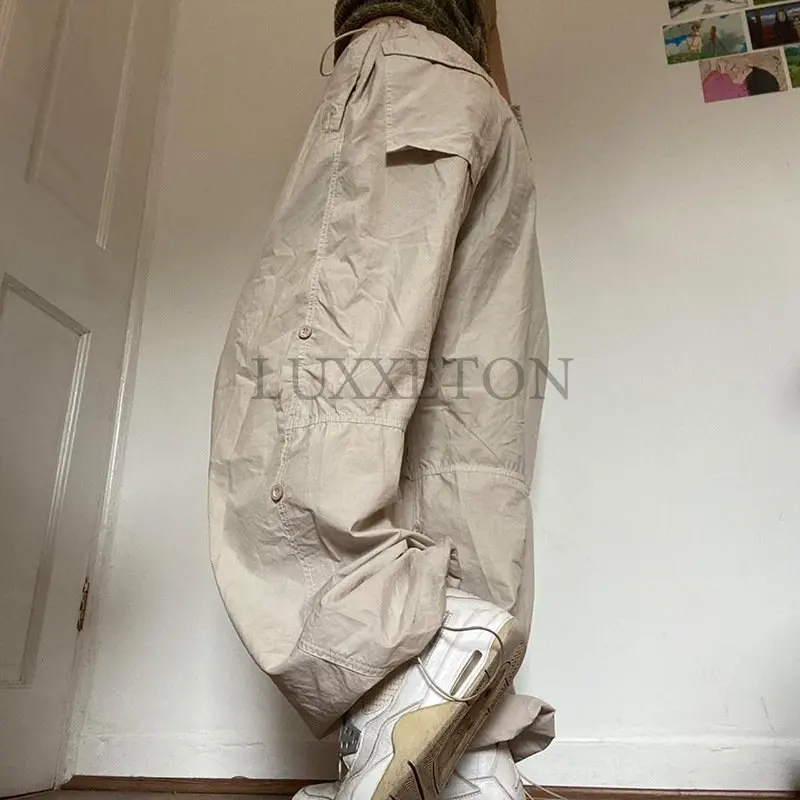 

Женские повседневные джоггеры, винтажные однотонные мешковатые брюки с низкой талией и завязками, спортивные брюки Y2K с широкими штанинами, уличная одежда, брюки-карго