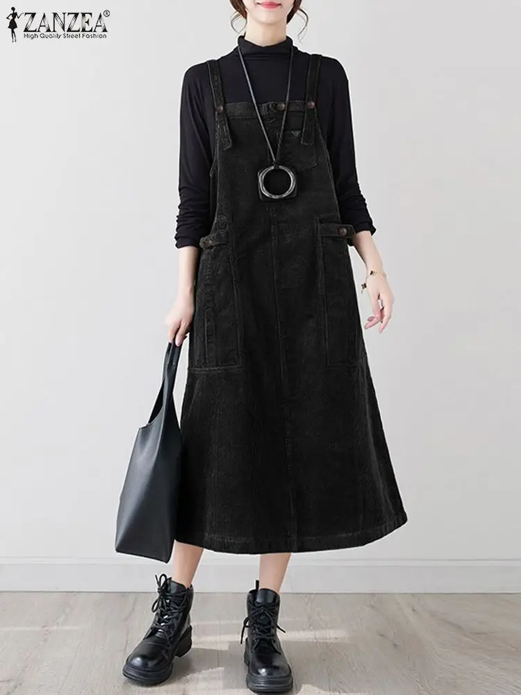 

ZANZEA Woman Vintage Suspender Dress Fashion Corduroy Vestidos Sleeveless Square Collar Dresses Female Elegant Solid Sundress
