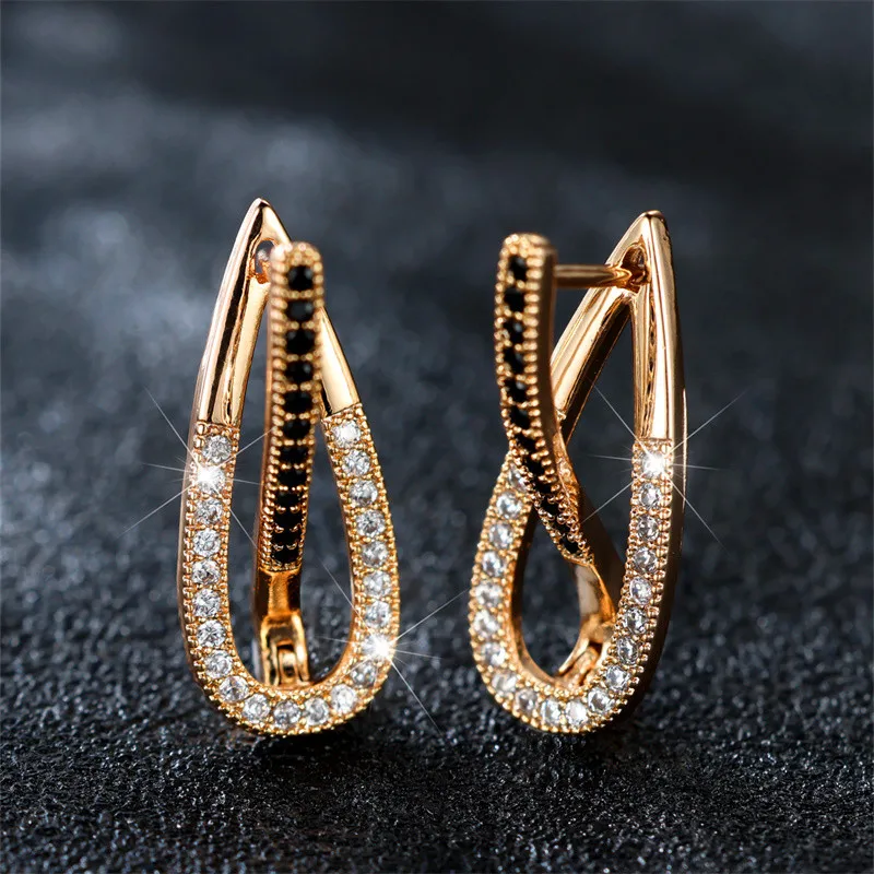 Cute Female White Stone Earrings Charm Gold Color Clip Earrings For Women Crystal Black Zircon Wedding Jewelry