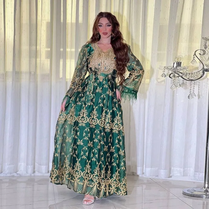 Arab Dubai Women's Dress Golden Embroidery Gorgeous Jalabiya Djellaba Muslim Evening Dress long dresses  prom dress