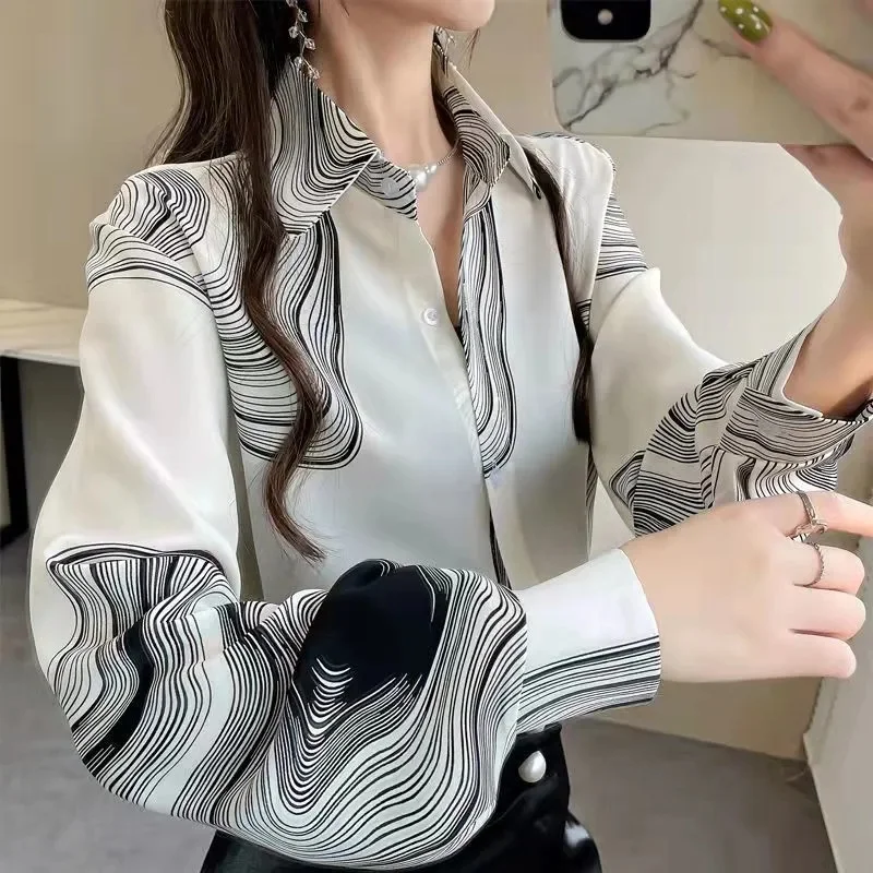 

Shirt Women's Design Sense Niche Long-Sleeved Blousers 2022 Spring And Autumn Korean Retro Buttton Chiffon Shirt Top Printed 102