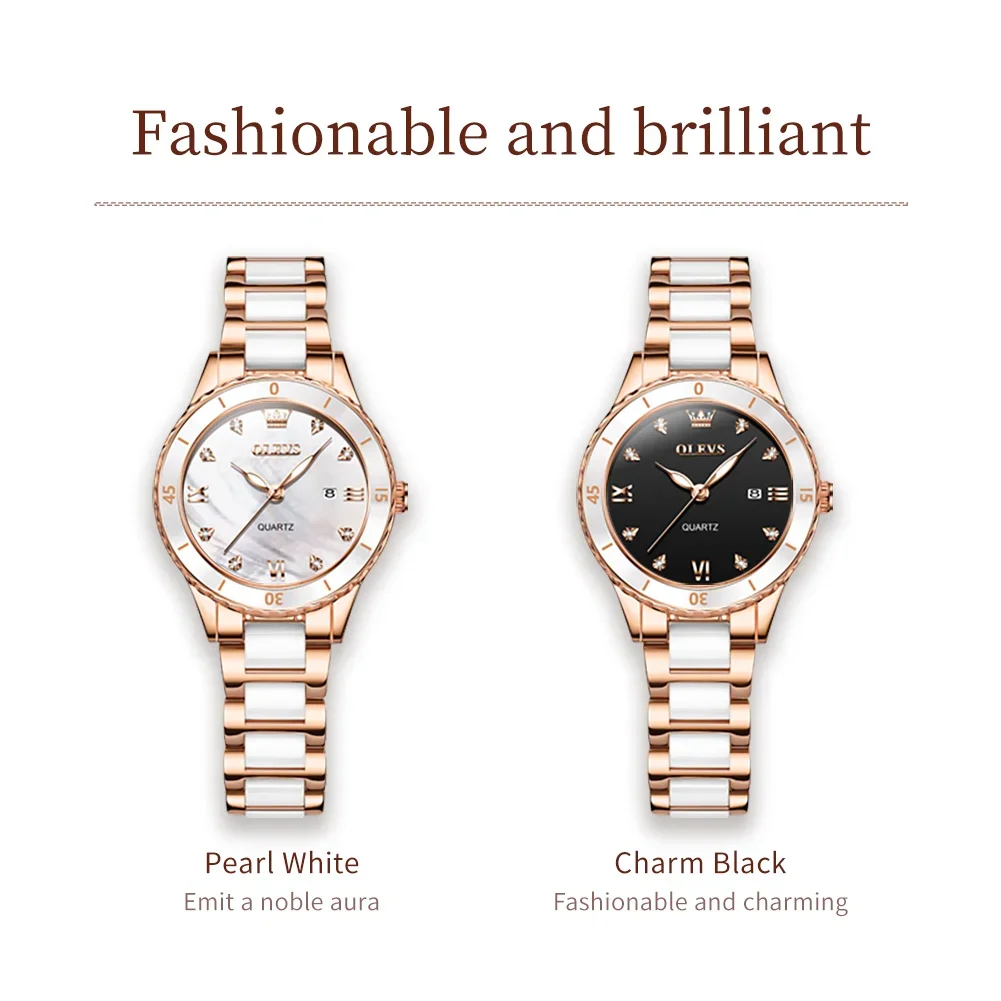 OLEVS Watches for Women Waterproof Ceramic Strap Women's Watch Luxury Diamond Inlay Luminous Dial Calendar Original Quartz Watch 6