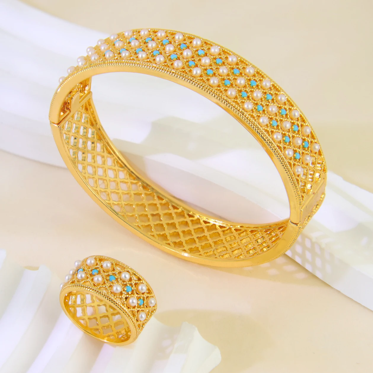Dubai Modeschmuck-Set, 21 Karat vergoldet, italienische Premium-Perlen, offenes Armband, Ring, Äthiopien, Damen, Braut, Hochzeit, Party-Schmuck – Detail 7