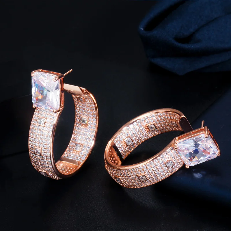 

ThreeGraces Luxury Cubic Zirconia Rose Gold Color Big Geometric Hoop Earrings for Women New Trendy Party Costume Jewelry E1391