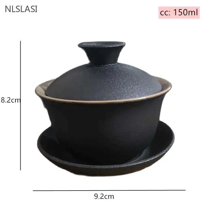 150ml Black Ceramics Gaiwan Teacup Household Handmade Tea Cups with Lid Customize Porcelain Teaware Portable Tea Infuser