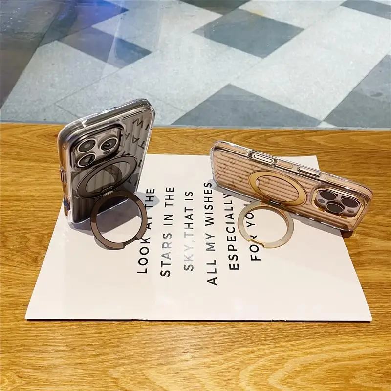 Luggage Corrugated Magnetic Charging Case For IPhone 17 14 15 16 Pro Max Luxury 360 Metal Finger Ring Bracelet Kickstand Cover_voghion.com
