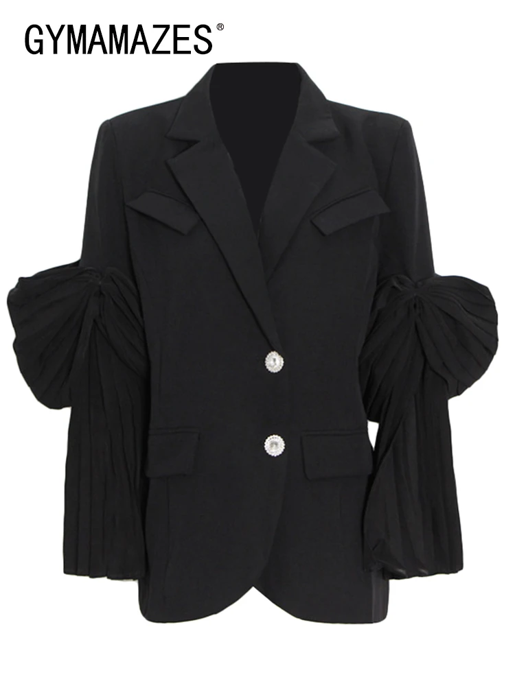 

GYMAMAZES Individuality Solid Blazers For Women Notched Long Sleeve Single Breasted Patchwork Ruffles Coats Female 2022 Clothing