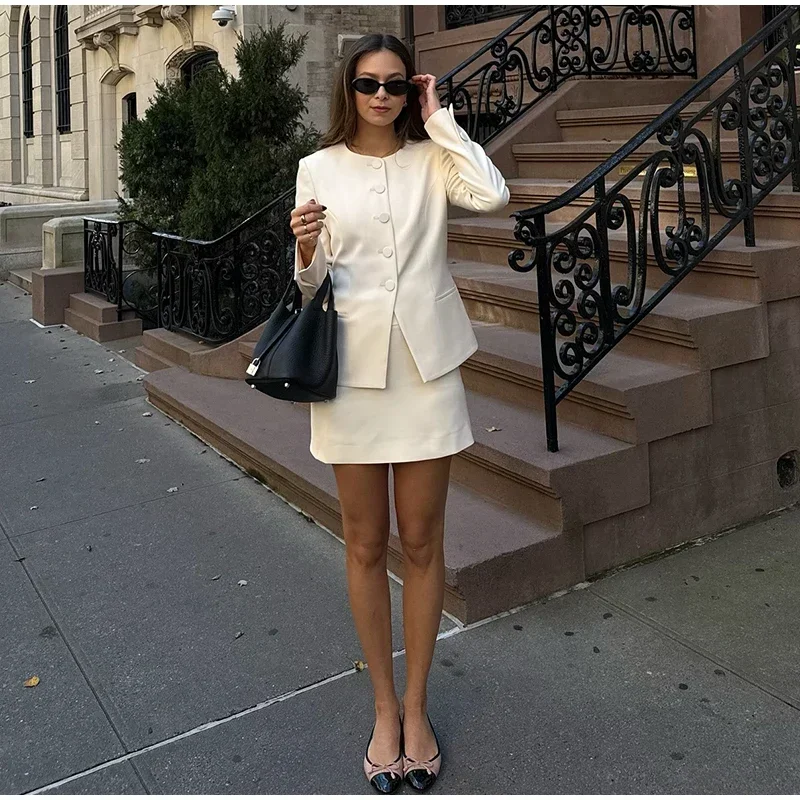Elegant Blazer Skirt Suit Women Slim Long Sleeve O-neck Button Jacket Mini A-line Skirt 2025 Spring Lady New in Matching Outfits