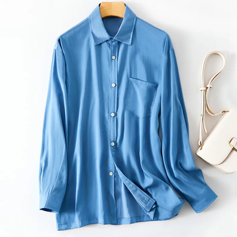 

High-Quality Temperament Elegant Tencel Shirt Women 2023 Spring New Solid Color Loose Lapel Long-Sleeved Fashion Shirt Female