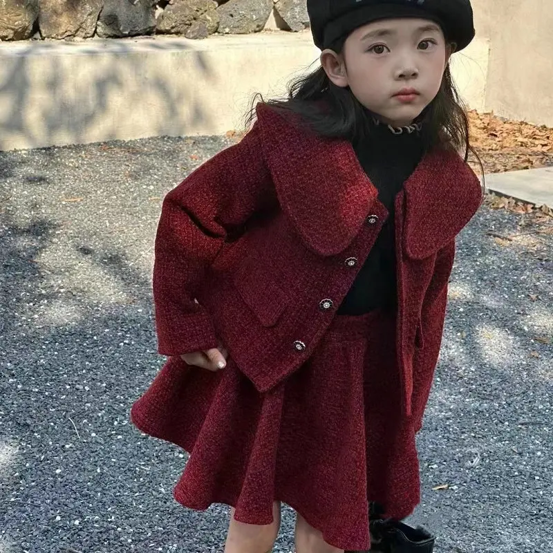 

Girls Sets Children'S Clothing Autumn Winter New Plaid Korean Student Suit Knit Cardigan Sweater+ Short Skirt 2pcs Kids Outfits