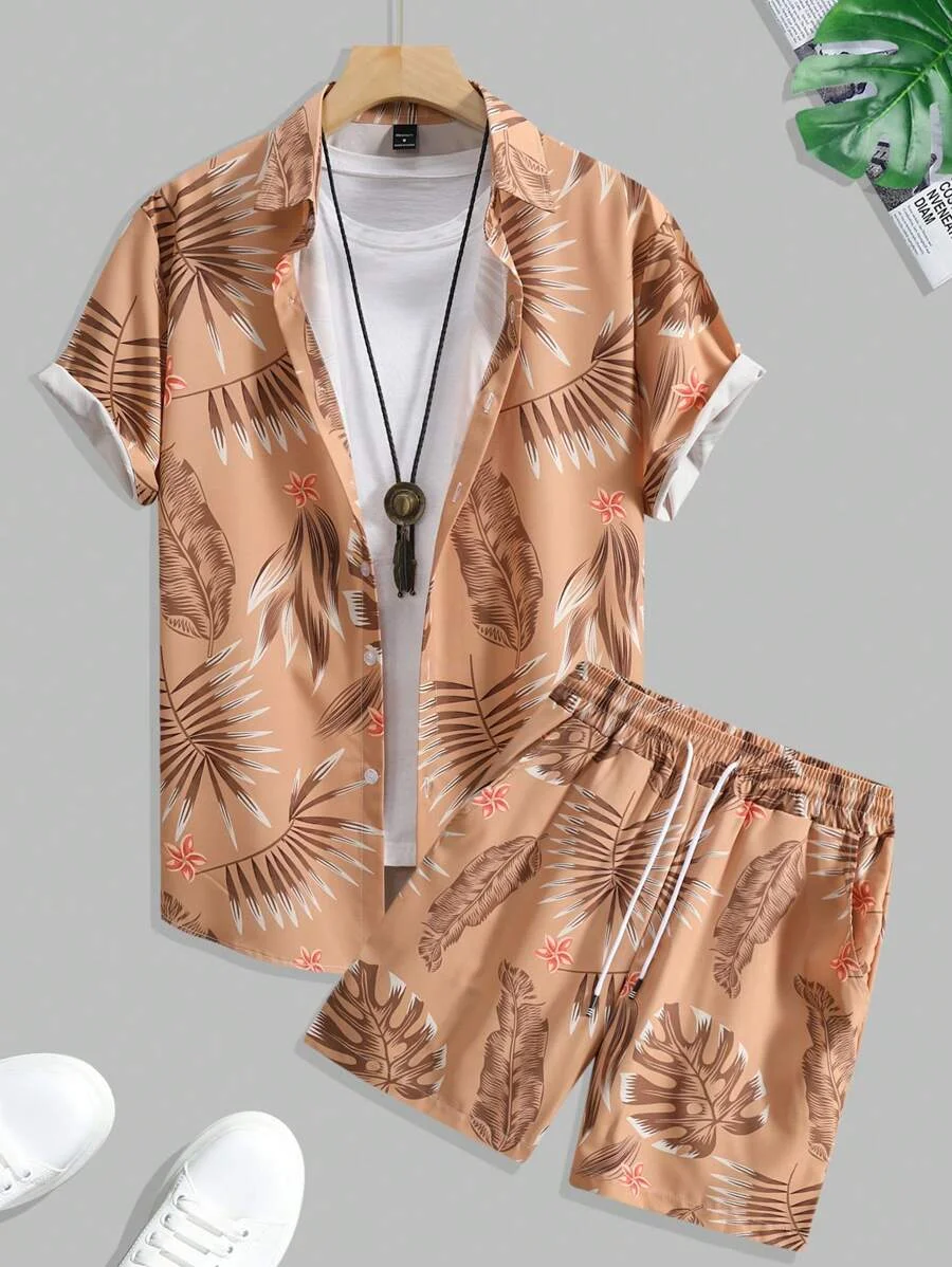 

Hawaiian Tropical Botanical Print Men's and Women's Short Sleeve Outfits Fashion Button-Down Shirt Tops Short Sleeve Shorts