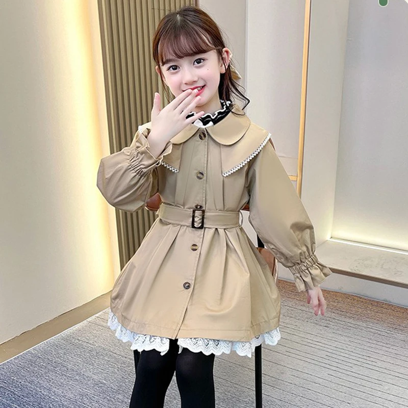 

Girls Long Trench Coats England Style Windbreaker Jacket 3-12 Y Girl Spring Autumn New Children's Fashion Lace Lower Hem Clothes