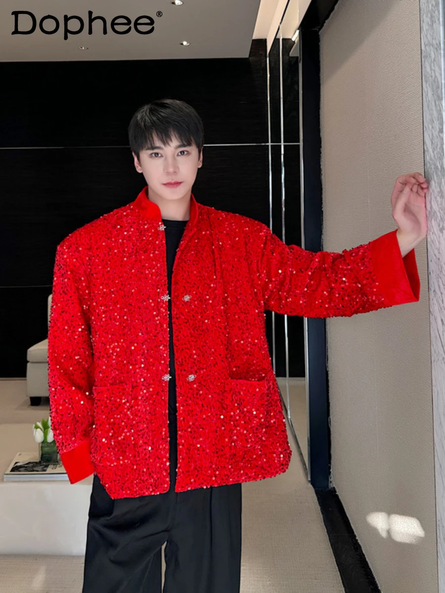 Fashion Spring New Red Suit Men's New Chinese Sequined Fried Street Jackets Trendy Male Long Sleeve Pocket Single-Breasted Coats