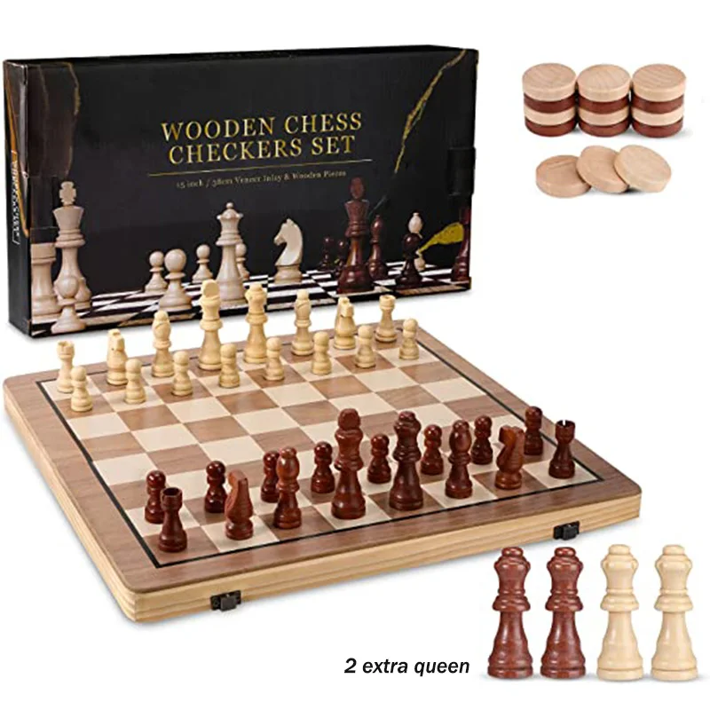 39cm Wooden Chess Checkers Set 2 In 1 Foldable Interior Storage Space Chessboard Extra Queens Home Travel Games Perfect Gifts