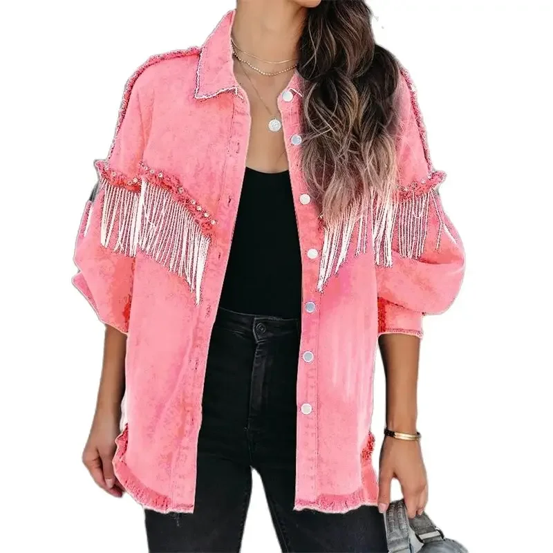 Fashion Chain Splicing Decoration Jacket Women Vintage Tassel Denim Coat Female Single-breasted Cardigan Casual Loose Outerwear - Image 2