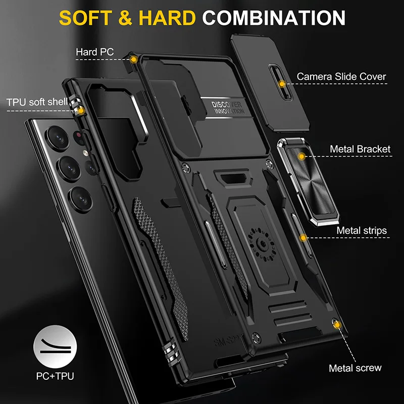 Rotating Slide Camera Lens Military Grade Armor Case with Ring Stand