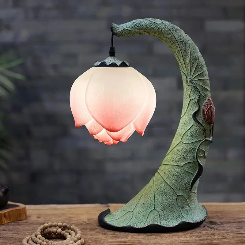 침실 침대 옆 거실 홈 데코용 녹색 잎사귀 받침대가 있는 빈티지 연꽃 테이블 램프