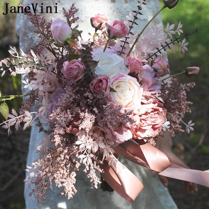 JaneVini Vintage Morandi Pink Bridal Hand Flowers Artificial Rose Peonies Wedding Bouquet for Bride Kwiaty Sztuczne 2022 New