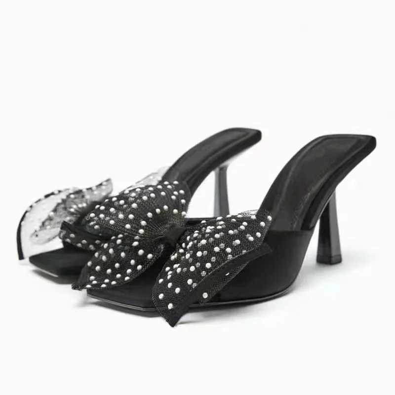 

Summer New Bowknot Pearl Rhinestone Transparent PVC Square Head Slippers High Heel Banquet Versatile Large Size Women's Sandals