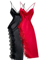 2 piece women's Sexy Sleepwear Set lace trim slit suspender nightdress - Image 6