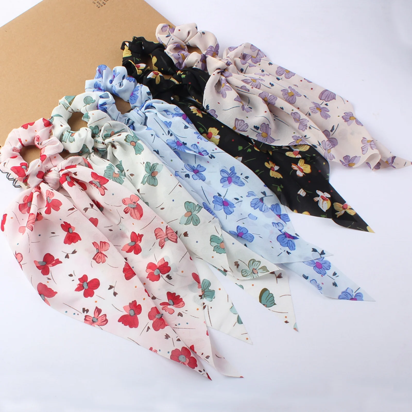 1PC Women's Floral Print Hair Ties with Long Scarf Ends, Chiffon Scrunchies for Daily & Party Use