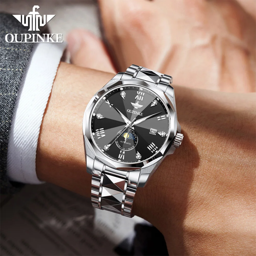 OUPINKE 3312 Automatic Men Watch Roman Scale Moon Phase Watch For Men Tungsten Steel Strap Waterproof Mechanical Male Wristwatch