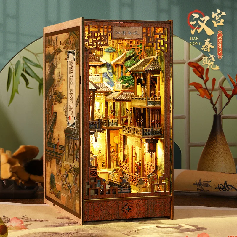 

Diy Wooden Book Nook Shelf Insert Chinese Ancient Town Bookshelf Miniature Building Kits Bookends Handmade Crafts Adults Gifts