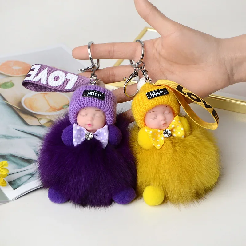 Cute Sleep Baby Pompom Keychain Real Fox Fur Pendant for Women Bag