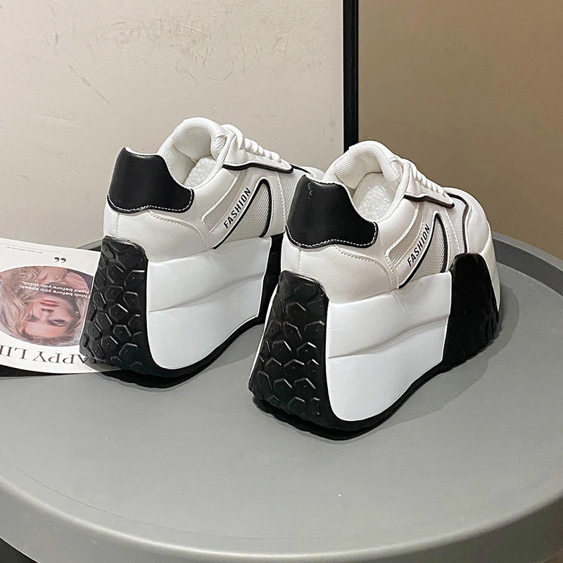 New Chunky Leather Women Casual Shoes 9CM High Platform Wedge Heels Sneakers Fashion Female Women Spring Autumn Skateboard Shoes