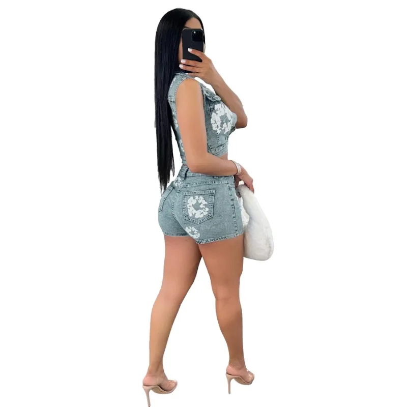 Flower Printed Denim Two Piece Set Women Sleeveless Single Breasted Pocket Crop Tops Elastic Button Fly Shorts Streetwear